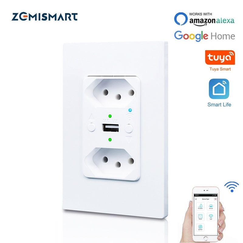 Zemismart tuya wifi brasil tomada usb inteligente 2.1a elétrica brasil padrão plugue 13a temporizador alexa google casa controle de voz