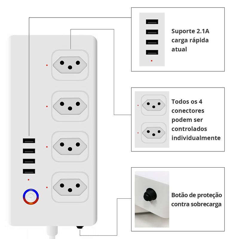 Zemismart-protetor eletrônico tuya zigbee tomada, filtro de linha 10a, 4 individuais, dispositivo inteligente