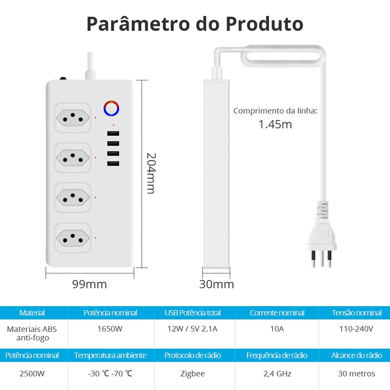 Zemismart-protetor eletrônico tuya zigbee tomada, filtro de linha 10a, 4 individuais, dispositivo inteligente